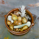 Zwiebeln, 1998, Mischt./LW, 100 x 100 cm