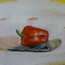 Paprika auf Zeitung, 2003, Mischtechnik/LW, 85 x 58 cm, Privatbesitz