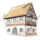 Mairie de Wenigunstadt (Allemagne) - Extrait de l'Image pour le Jumelage Saulxures-sur-Moselotte/Wenigunstadt/Hamoir - Encre couleur et crayon noir sur papier - 2011<br><br>Illustration . dessin . peinture . Allemagne . architecture