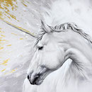 Licorne - Crayon noir, acrylique blanche et or sur papier - 80 x 60 cm - 2017<br><br>Illustration . dessin . animalier . animal . légende . mythologie