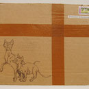 "Briefmarken bleiben krisenfest", Bleistift, Klebeband, Zeitung, Briefmarke auf Pappe, 2008