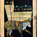 "waiting for the sun", Öl, Acryl und Dayglo auf Holztür, 2016