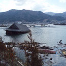 大船渡市赤崎中学の前、湾内に流された住宅