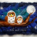 WOLLBILD "ZWEI EULEN AUF AST" FILZ MIT HERZ FILZBILDER WOLLBILDER AUS MÄRCHENWOLLE