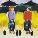 Ulrike Hansen: Zwei Golfer im Regen, 2017, Eitempera auf Leinwand, 40 × 50 cm