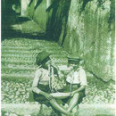 Brissago salita Vallec casson. 2 scugnizzi brissaghesi mangiano gli spaghetti alla napoletana - Ca. 1935 Fotografia E. Repetti Brissago