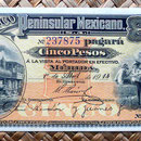México, 5 pesos 1915 Banco Peninsular Mexicano -Mérida (152x70mm) anverso