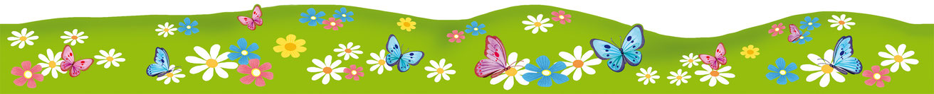 fröhliche Wandbordüre mit vielen bunten Blumen und Schmetterlingen auf einer grünen Wiese - Hergestellt in Deutschland - meinBordürenladen