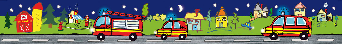 Kinderbordüre für kleine Feuerwehrmänner mit Feuerwehrautos bei Nacht - umweltfreundlich - optional selbstklebend