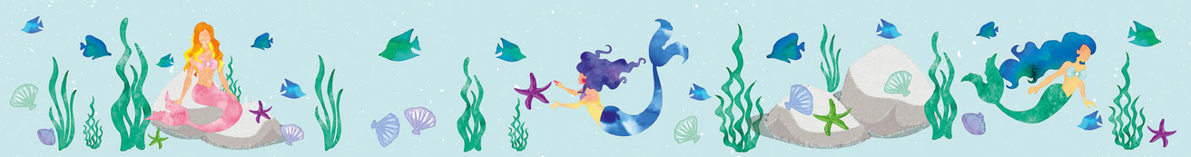 fantastische Wandbordüre für Kinder mit Meerjungfrauen, Fischen, Muscheln auf Aquafarbenen Hintergrund im Watercolor Design - Hergestellt in Deutschland - meinBordürenladen