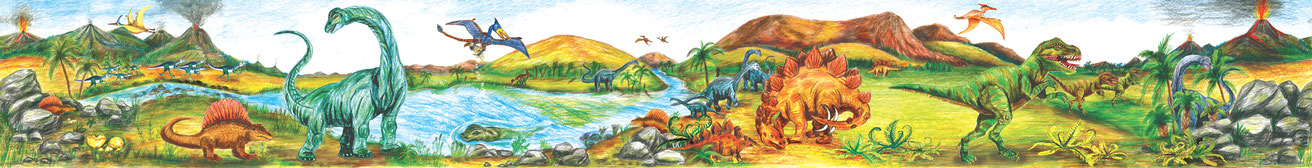 Urzeit Wandbordüre für Kinder mit vielen verschiedenen Dinos und Vulkanen - Motive liebevoll handgemalt - Hergestellt in Deutschland - meinBordürenladen