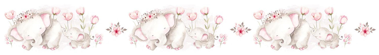 nachhaltige Vliesbordüre mit niedlichen Elefanten und rosa Blüten, Mama und Kind - liebevoll im Watercolor Stil gemalt 