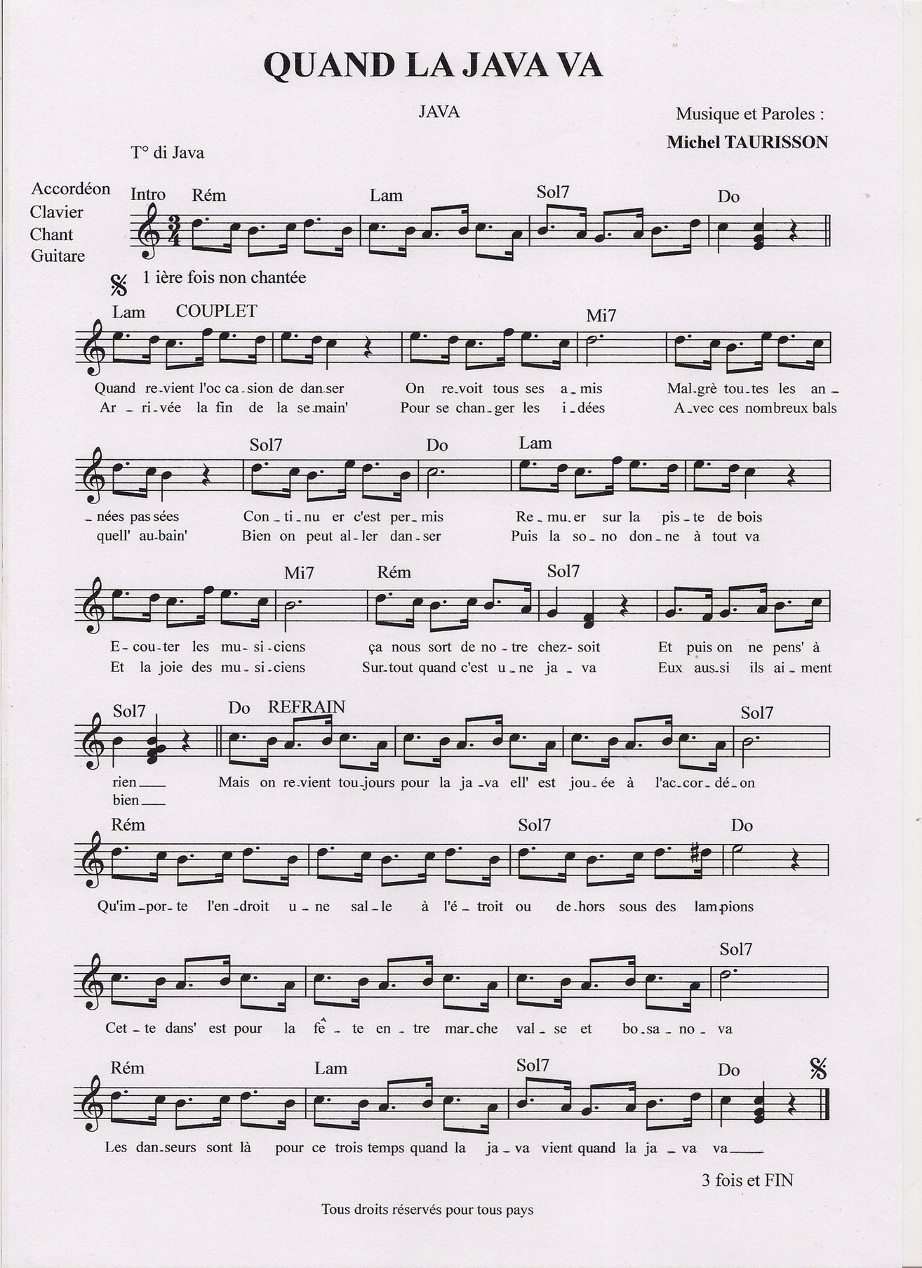 JAVA Partitions gratuites,Michel TAURISSON,Accordéon