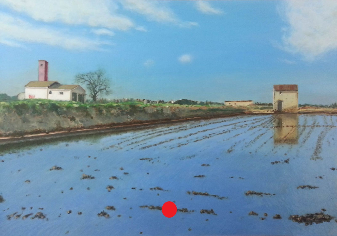 Casa blanca y motor de riego junto a un arrozal inundado, con surcos de barro visibles y reflejos en el agua.