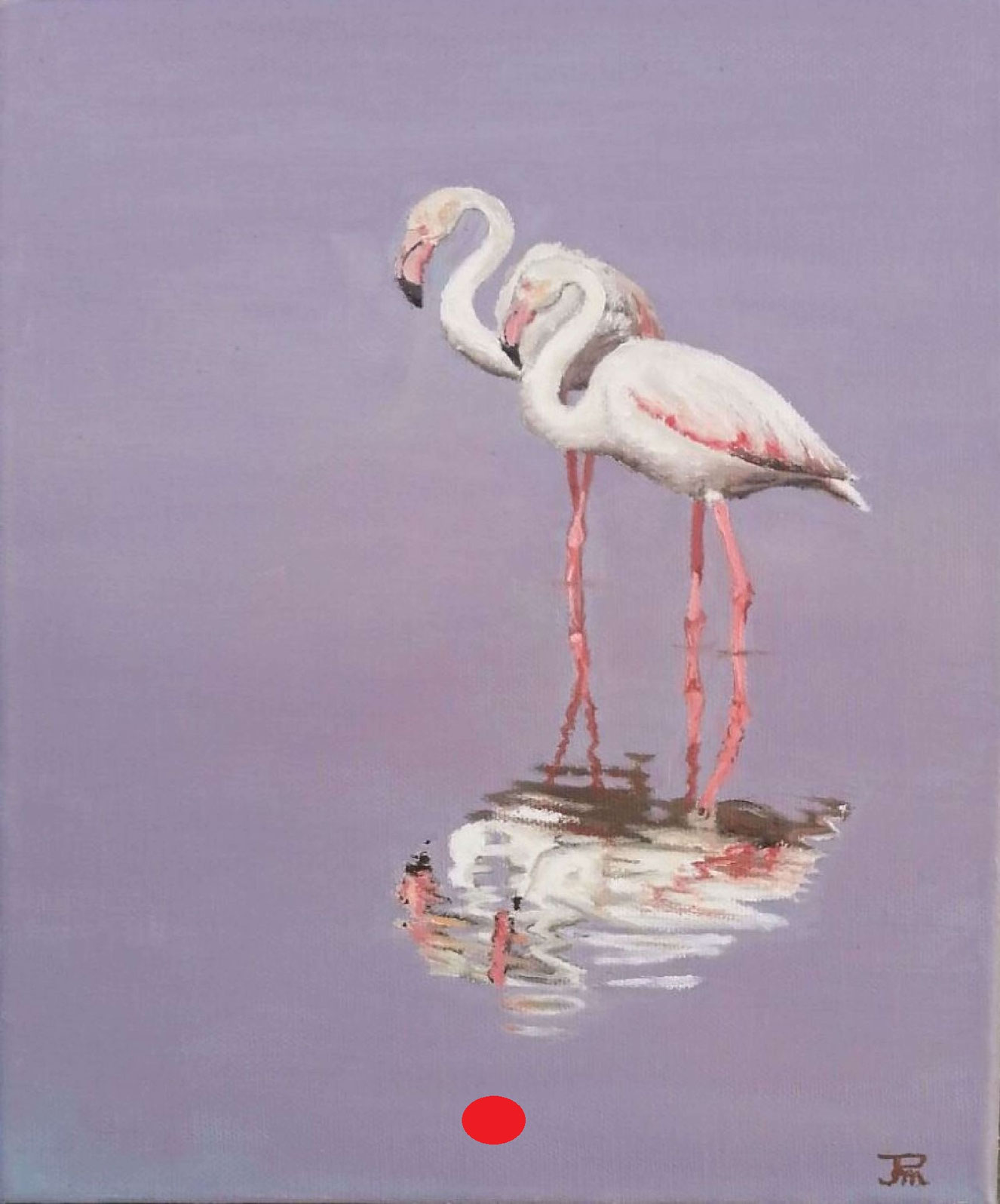 Dos flamencos de pie en aguas tranquilas, con tonos rosados y reflejos suaves sobre un fondo lavanda.