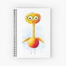Happy Bird in gelb, orange und rot mit kurzen Flügeln und Brille auf Notizblock