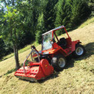 Mulchgerät in rot auf einer gemähten Wiese