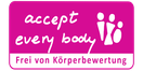 Pink-weißes Logo für Body Positivity. Text: frei von Körperbewertung.