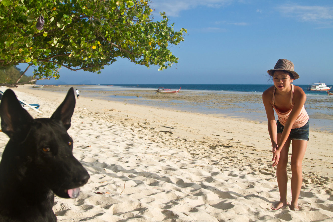 Mädchen und Hund auf Koh Hai, spielen am Strand
