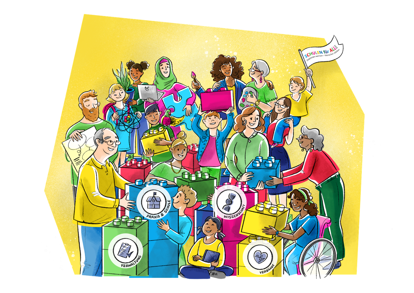 Illustration_Schule_fuer_alle_verschiedene_Menschen_bauen_zusammen_an_der_Zukunft_der_Volksschule