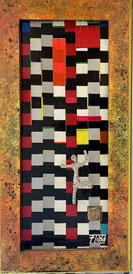 Abstraktes Kunstwerk „ENTITÄT“ von Andreas Alka alias FLoyd: Menschliche Figur erklimmt farbiges Raster aus Rechtecken – Symbol für Streben nach Status, getrieben von Gier und Neid, ohne erkennbaren Sinn. 29 x 58 cm, Mixed Media, 2023.