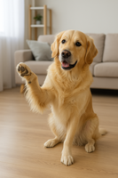 Golden Retriever hebt lahmende Pfote auf glattem Holzboden in Wohnzimmerumgebung – Symbolbild für Propriozeptionsstörung beim Hund.