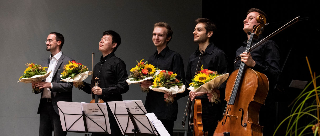 After the premiere (from l. - r. : Me, Jie Wang ( Violin) , Leon Sundermeyer (Piano) ,  Miguel Jiménez (Viola), Hans Schröck (Cello))
