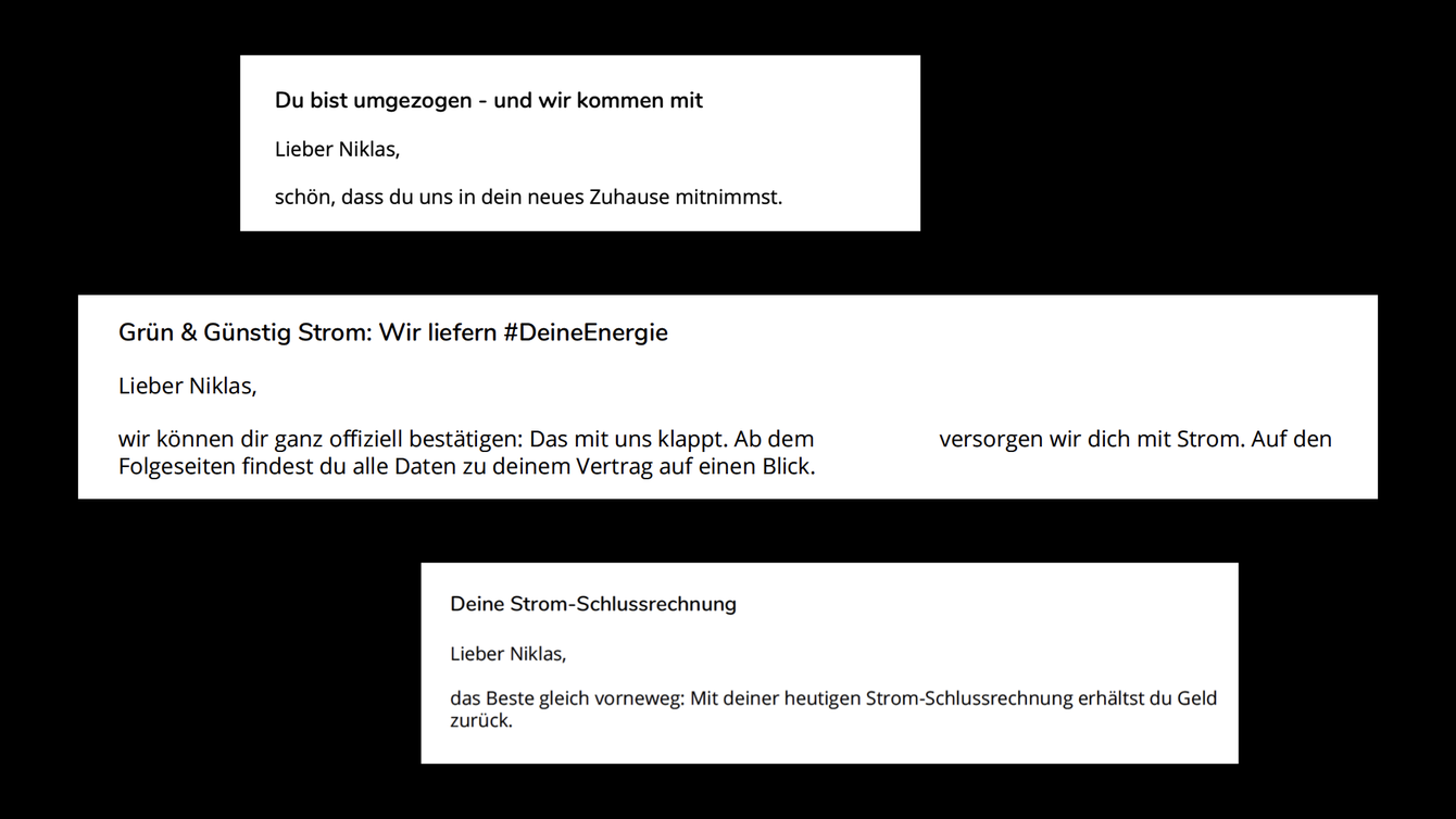 Corporate-Language-Projekt als Texter und Konzepter für einen Energieanbieter – das Bild zeigt Text-Beispiele.