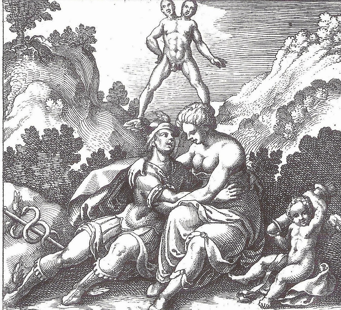 "Atalante Fugitive" de Michael Maïer (1618) - Emblème XXXVIII "Le Rebis, comme Hermaphrodite, naît de deux montagnes : celle de Mercure et celle de Vénus."