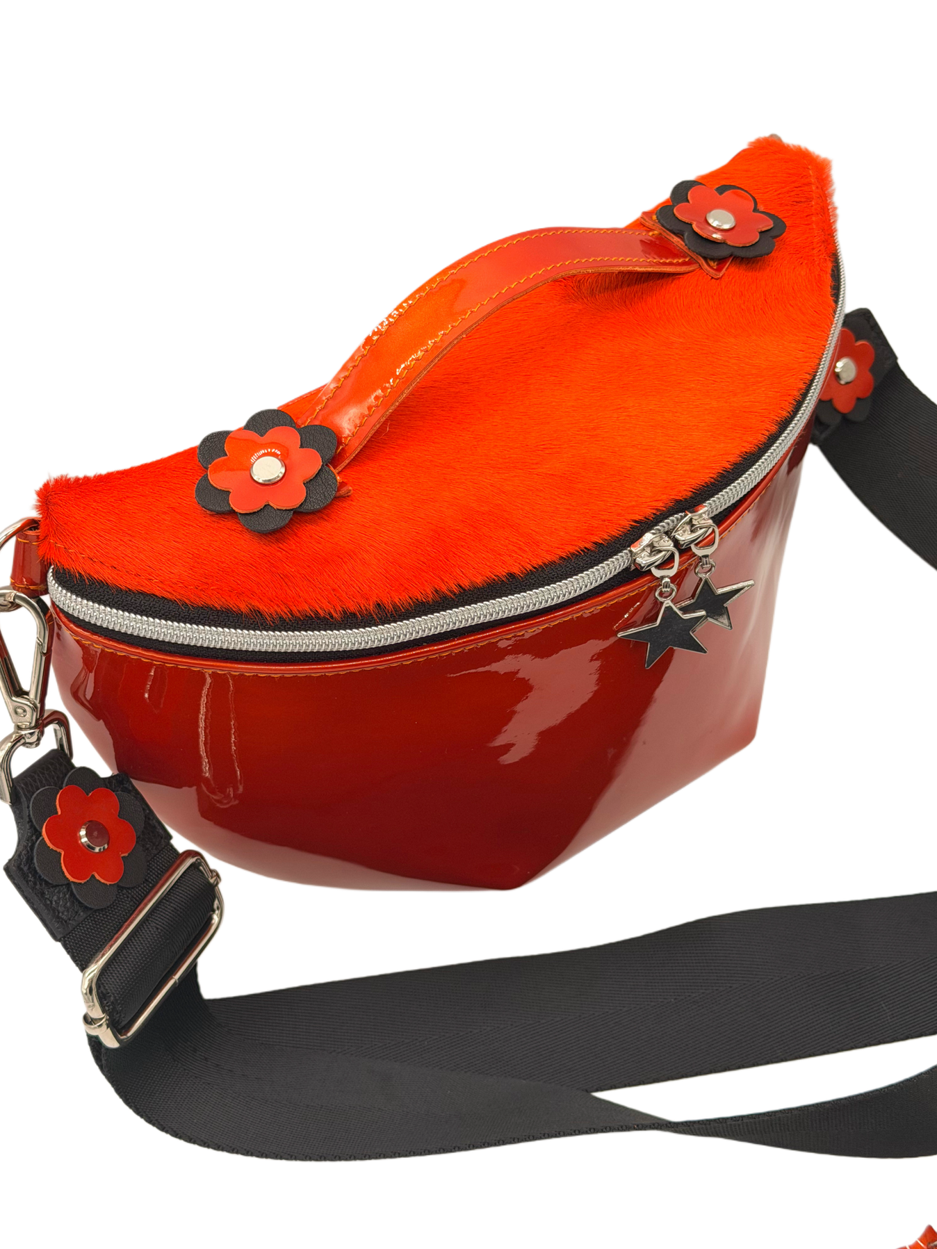 Joy No.39 Unikat von Ol.lo.li. handmade orangene Cossbody Bag Leder Fell Lackleder orange