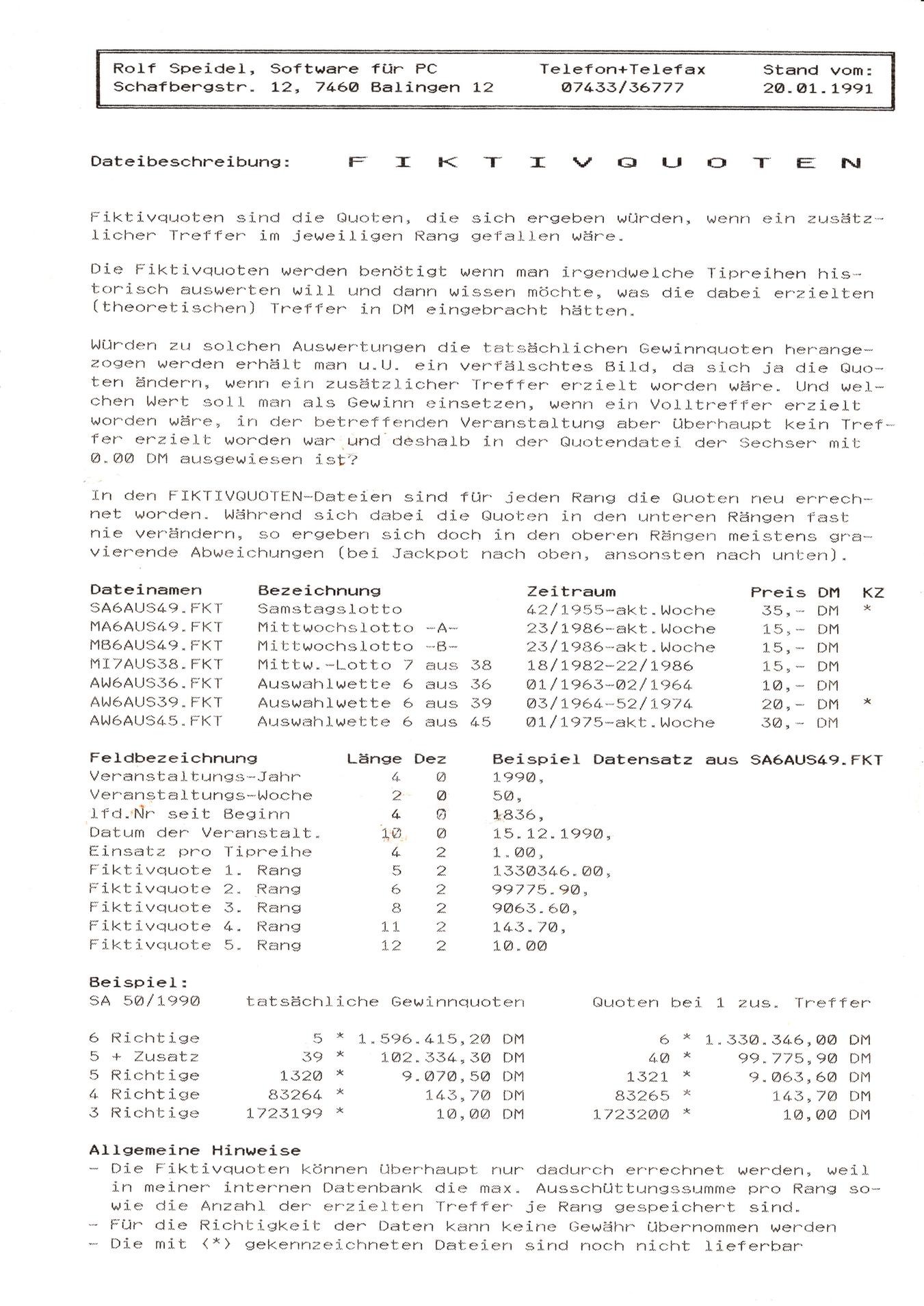 Beschreibung der Fiktivquoten mit Preisangaben im Jahr 1991
