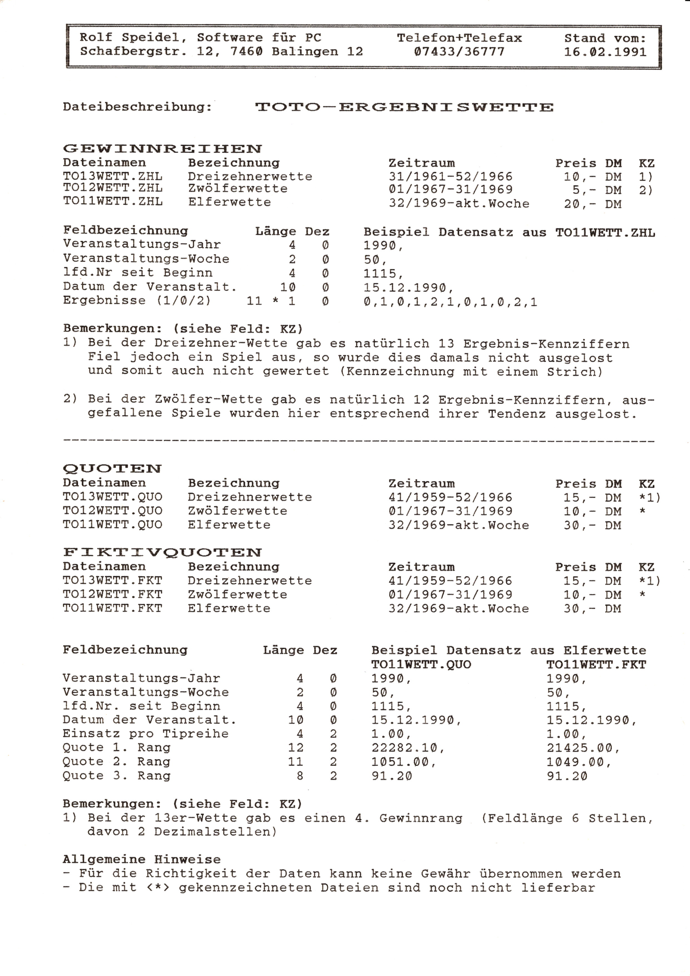 Angebot von 1991 für die Gewinnzahlen-Dateien der Ergebniswette