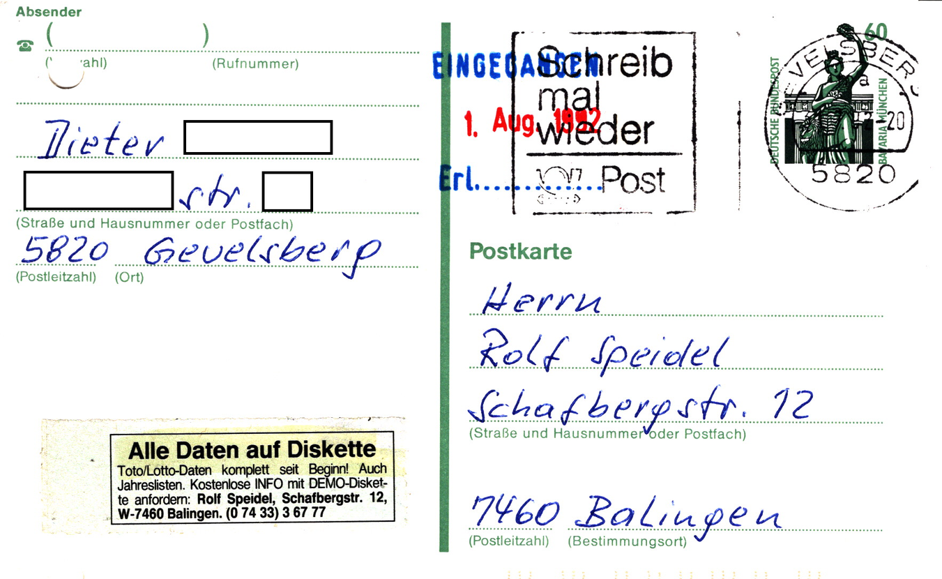 Postkarte mit Anzeige aus 1992