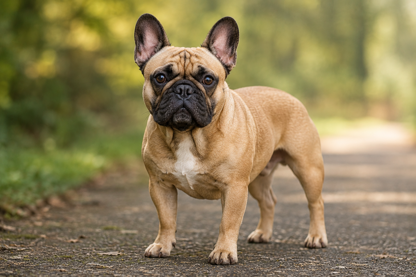 Französische Bulldogge auf einem Waldweg – Rasseporträt aus Sicht von Physiotherapie und Rehabilitation