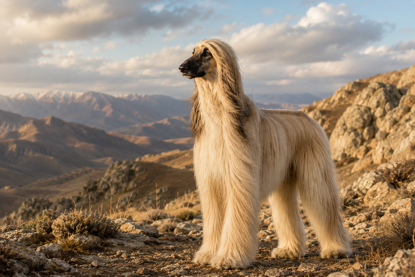 Afghanischer Windhund mit langem, seidigem Fell steht aufmerksam auf felsigem Boden vor einer weiten Berglandschaft.