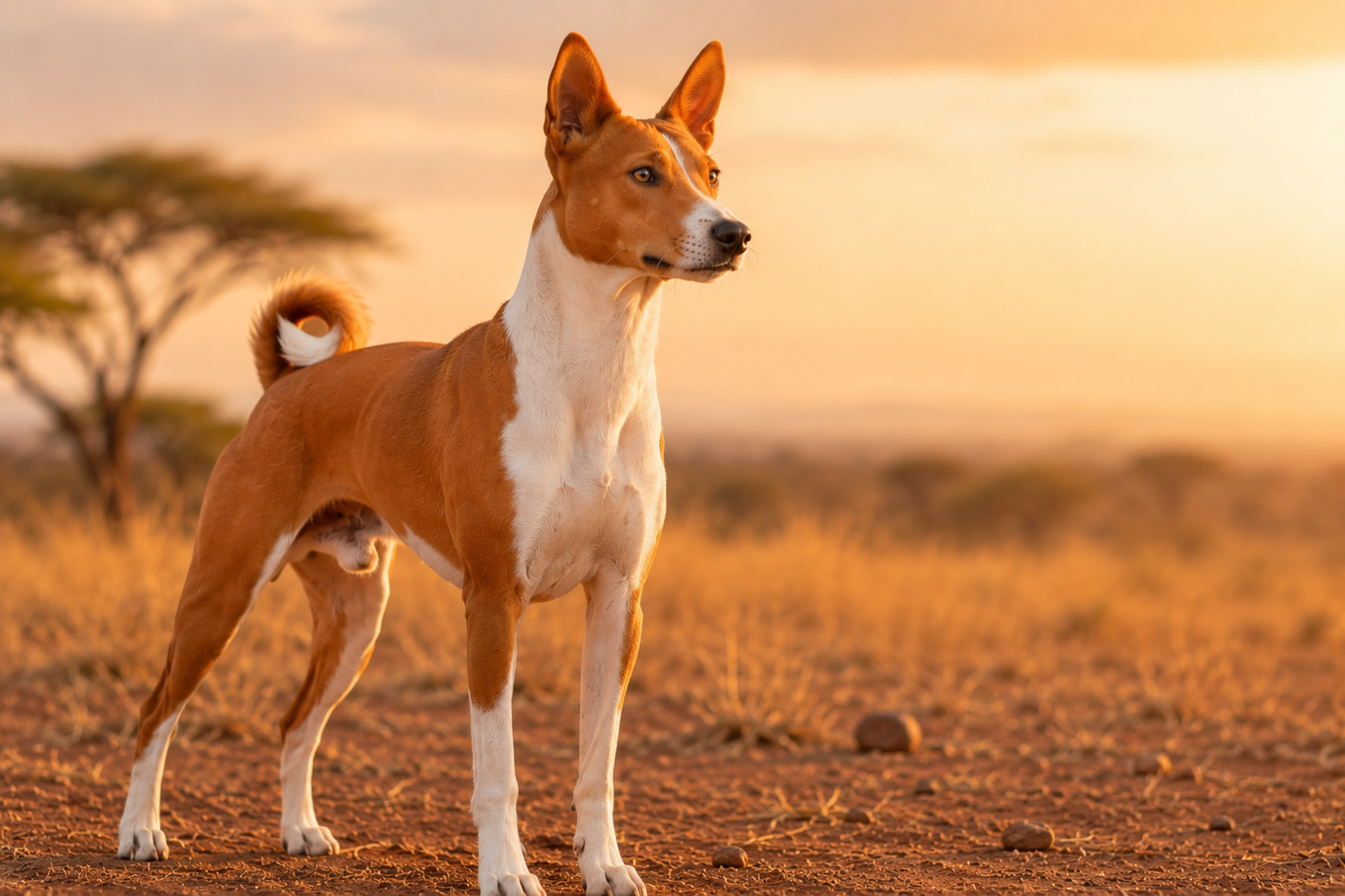 Basenji in afrikanischer Savanne – erwachsener rot-weißer Basenji mit typischer Ringelrute und aufgerichteten Ohren in natürlicher Umgebung bei Abendsonne.