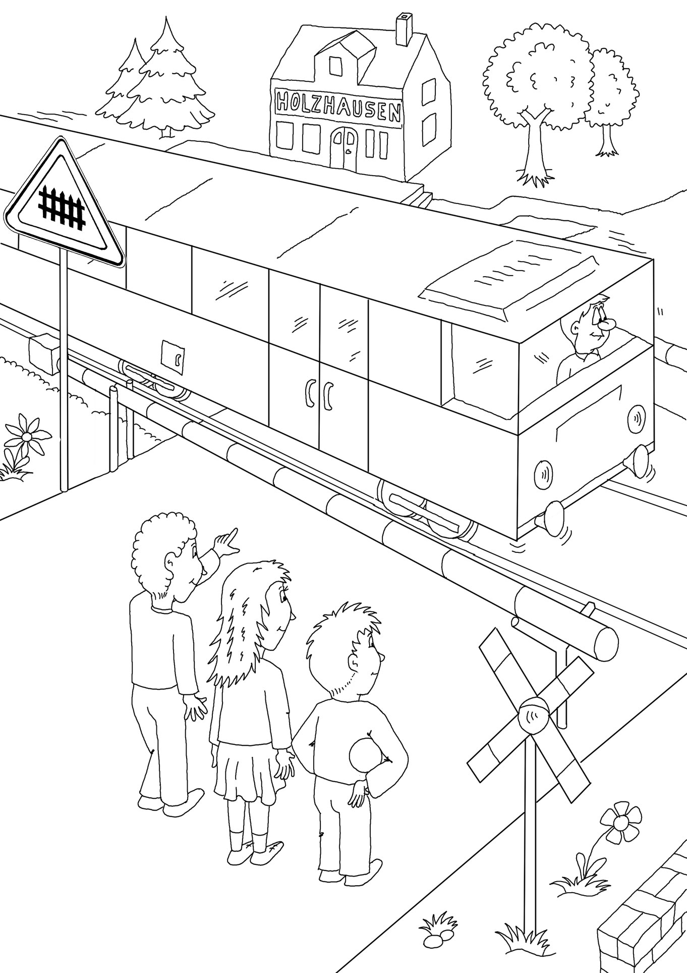 Ausmalbilder Lehrbuch, Straßenverkehr, Karikatur Ampel, Bahnübergang