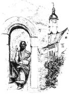 Rathaus und Minnesängerdenkmal als Lithografie