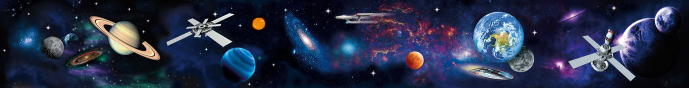 Abenteuerliche Wandbordüre mit bunten Raketen, Planeten und funkelnden Sternen im Weltall, perfekt für kleine Astronauten.