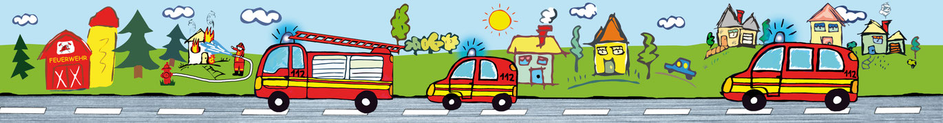 Handgezeichnete Kinderbordüre zeigt einen Feuerwehreinsatz mit Leiterwagen und Löschfahrzeugen vor einer bunten Häuserkulisse.
