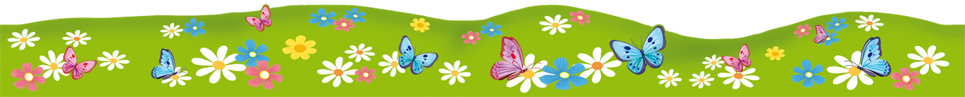 fröhliche Wandbordüre mit vielen bunten Blumen und Schmetterlingen auf einer grünen Wiese - Hergestellt in Deutschland - meinBordürenladen