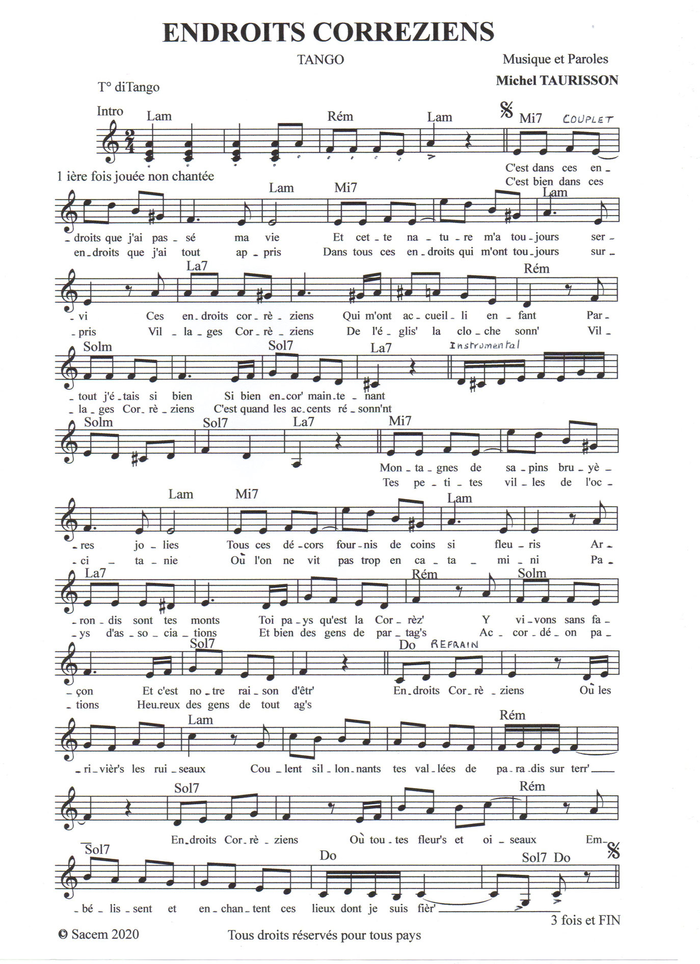 ENDROITS CORREZIENS Tango Partitions gratuites,Michel TAURISSON,Accordéon