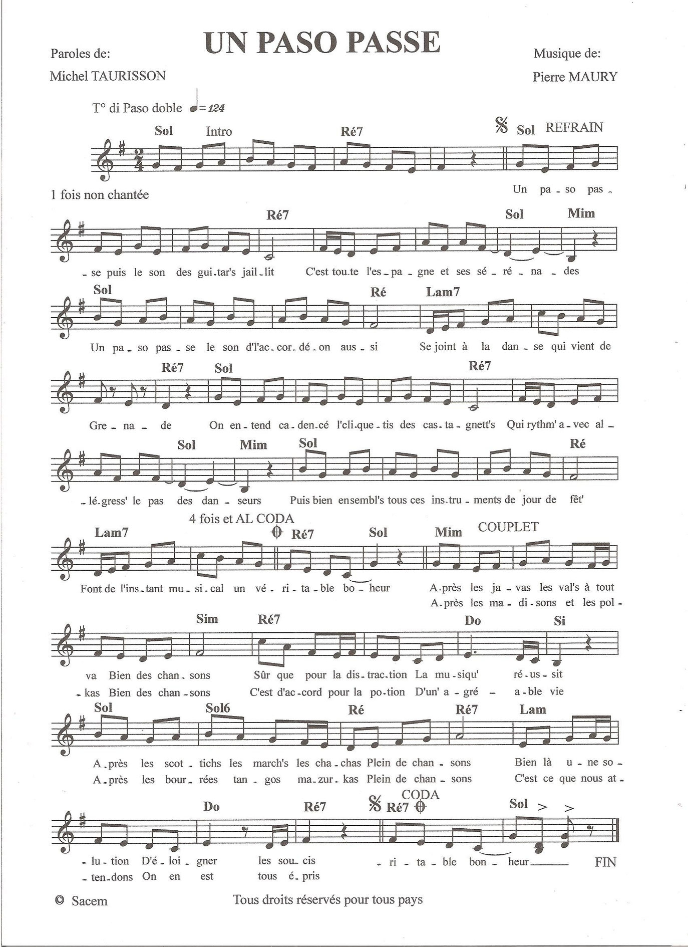 PASO DOBLE Partitions gratuites,Michel TAURISSON,Accordéon