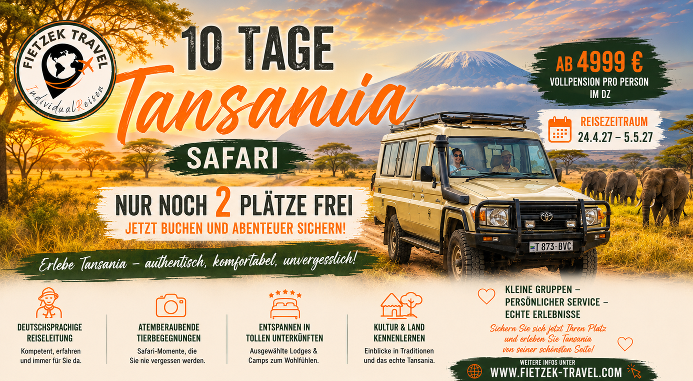 Tansania Safari 10 Tage mit Tarangire Nationalpark, Serengeti, Ngorongoro, Arusha, Kilimanjaro mit deutschsprachiger Reiseleitung