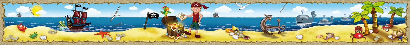 Kinderbordüre mit Goldschatz, kleiner Piratenjunge, Piratenschiff, Wale, Anker, Piratenflacke, Papagai und vielen Muscheln