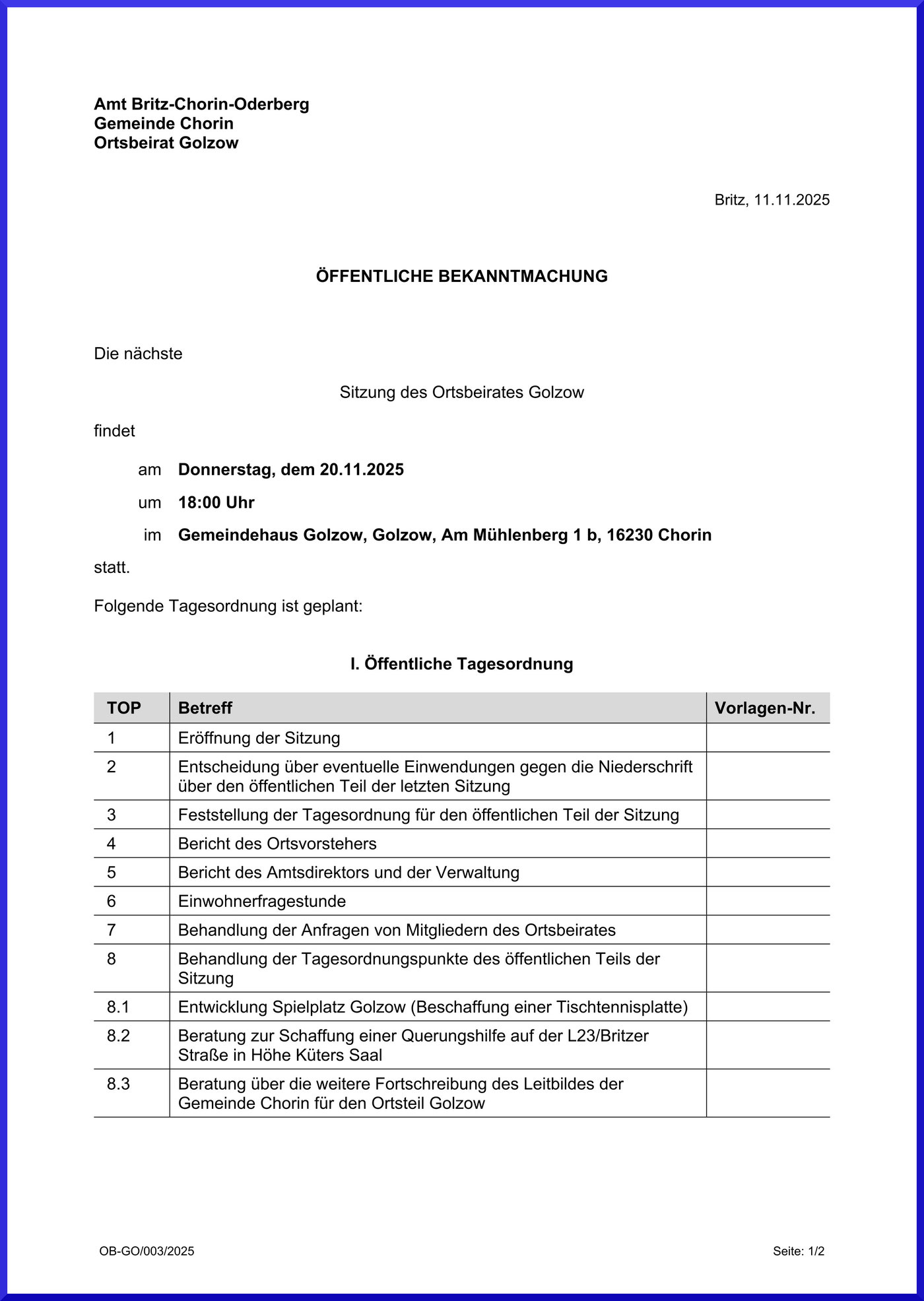 Seite 1 Sitzung des Ortsbeirat Golzow