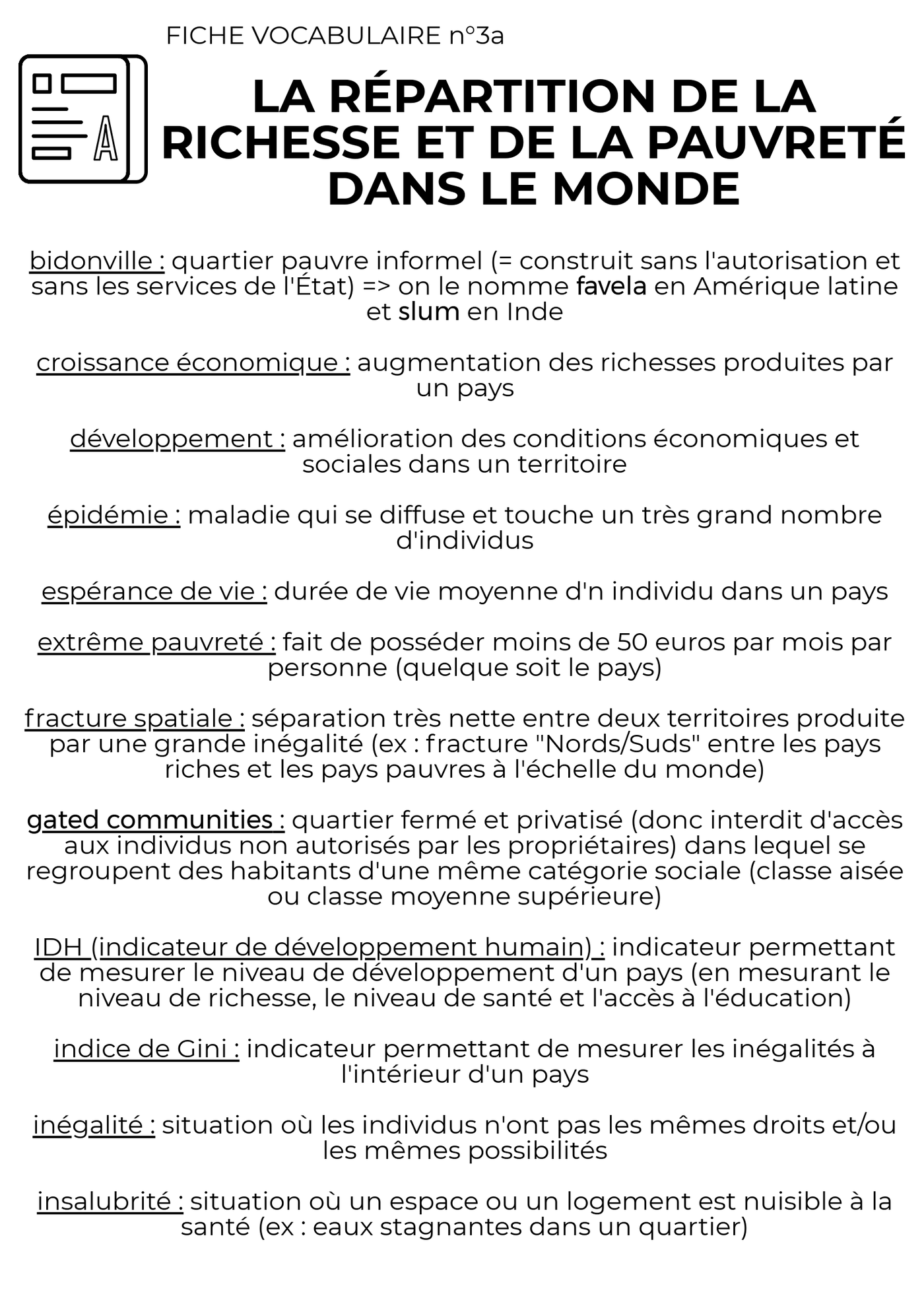 Fiche De Révision Richesse Et Pauvreté Dans Le Monde Chapitre n°3 : La répartition de la richesse et de la pauvreté dans le