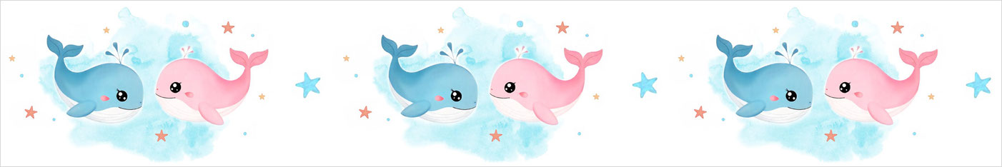 eine niedliche Wandbordüre für Kinder mit rosa und hellblauen Walen und kleinen gelben, orangen und blauen Seesternchen im Aquarelldesign auf weißem Hintergrund