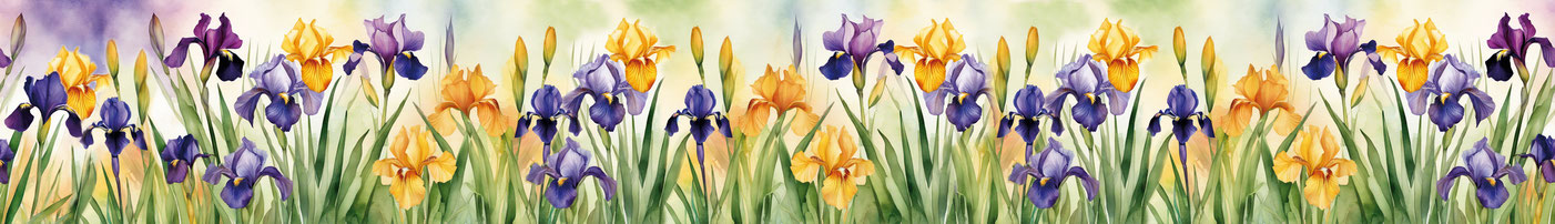 romantische umweltfreundliche Vlies Bordüre: lila und gelbe Iris im Aquarell-Design - wahlweise selbstklebend - Hergestellt in Deutschland - meinBordürenladen - meinAufkleberladen