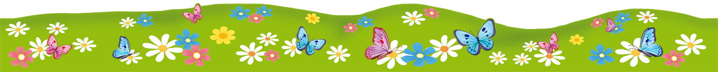 fröhliche Wandbordüre mit vielen bunten Blumen und Schmetterlingen auf einer grünen Wiese - Hergestellt in Deutschland - meinBordürenladen